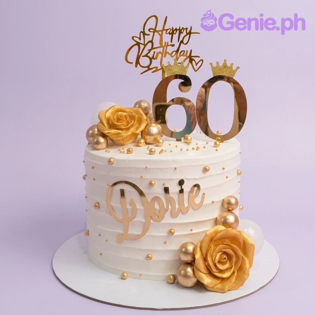60th Birthday White Floral Cake White 1-tier 60th birthday cake with gold roses, gold spheres, and a gold 60 topper with crowns.