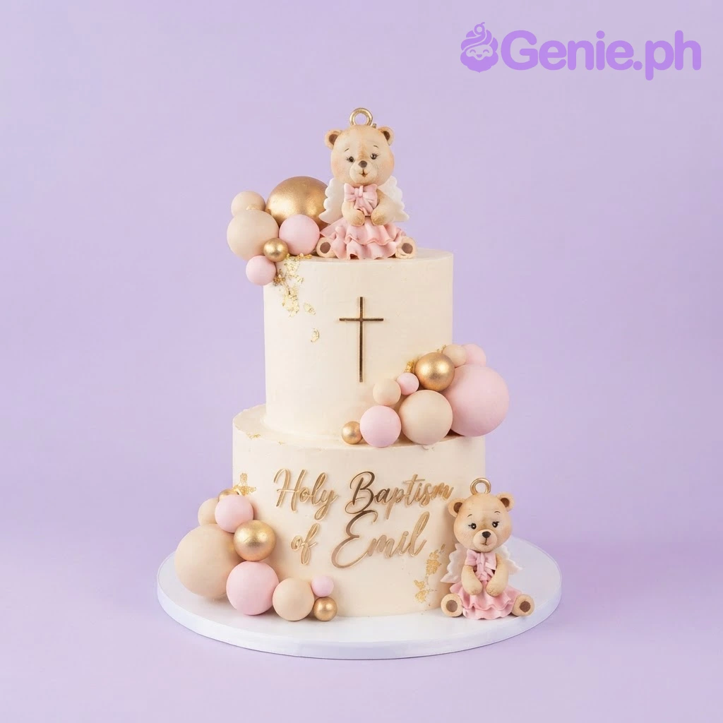 Christening Teddy Bear Ivory 2-Tier Cake Ivory two tier Christening cake with teddy bear figurines, gold spheres, and a name topper