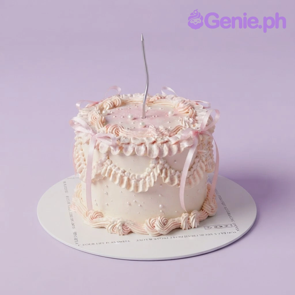 Korean Minimalist Pink Birthday Cake White and pink 1 tier soft icing cake with delicate pink ruffles, ribbon bows, and a silver candle