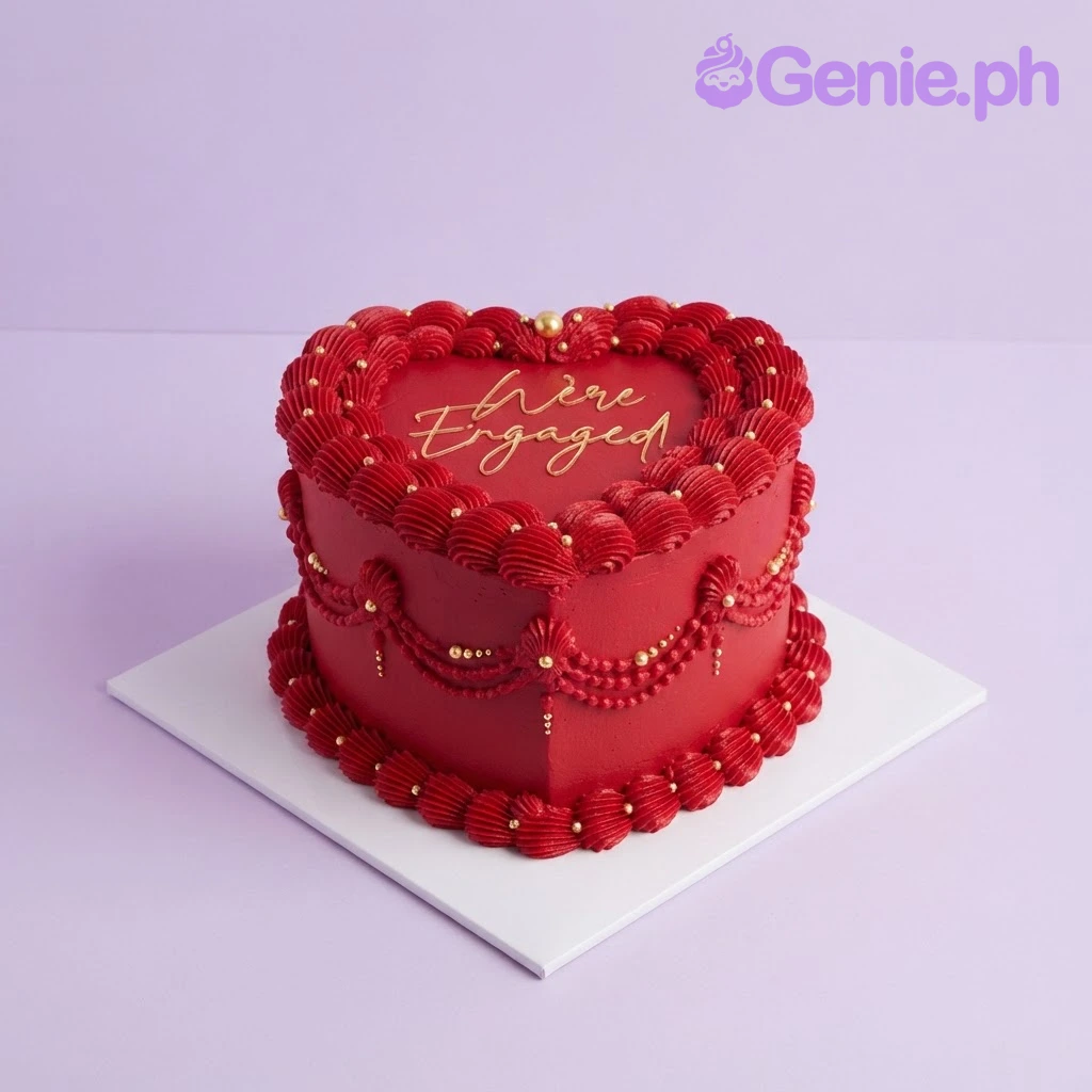 Engagement Maroon Heart Cake Dark red heart-shaped cake with smooth icing, piped shell borders, and gold sugar pearls
