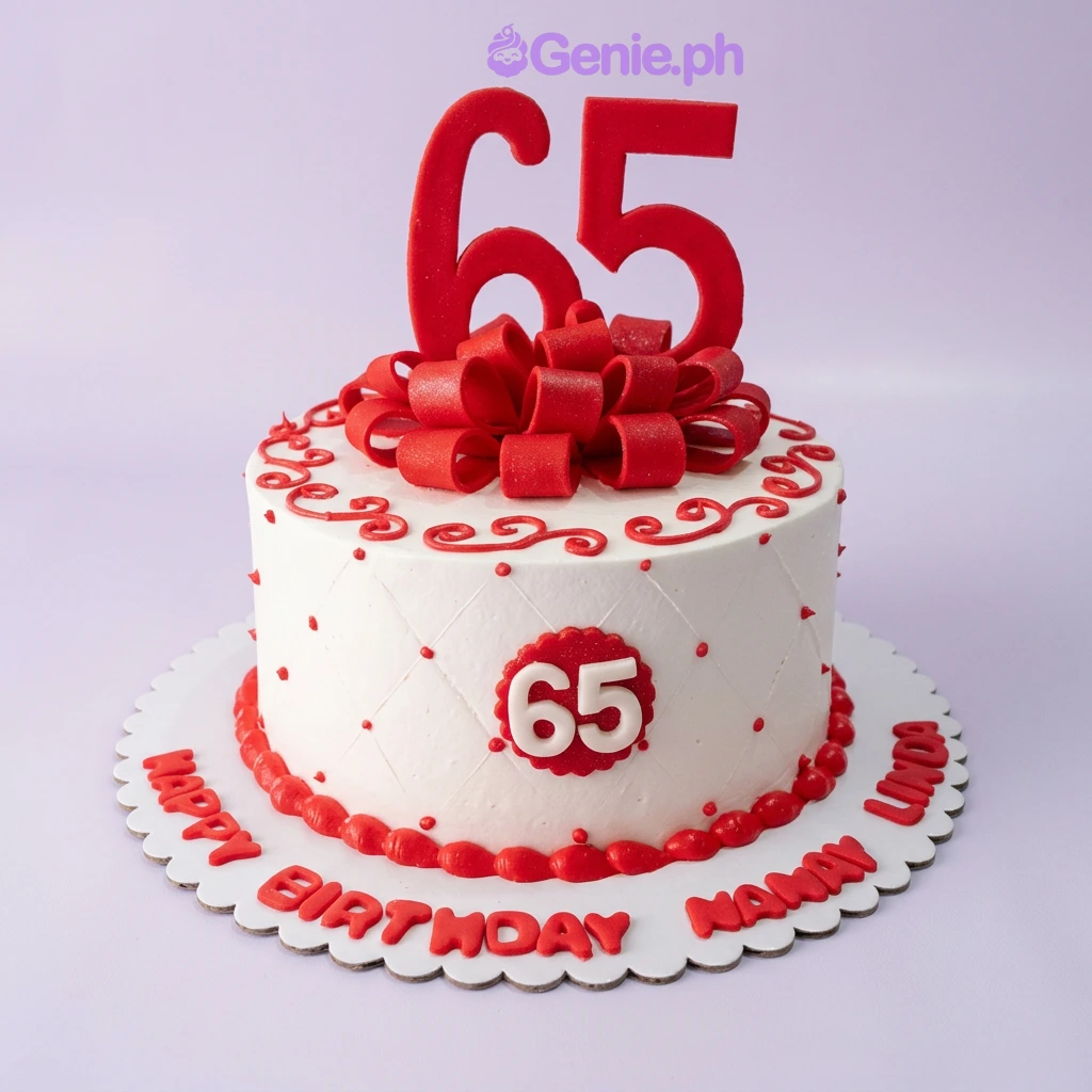 65th Birthday White Bow Cake A white 1-tier 65th birthday cake with red icing swirls, a large red fondant bow, and red number 65 toppers.