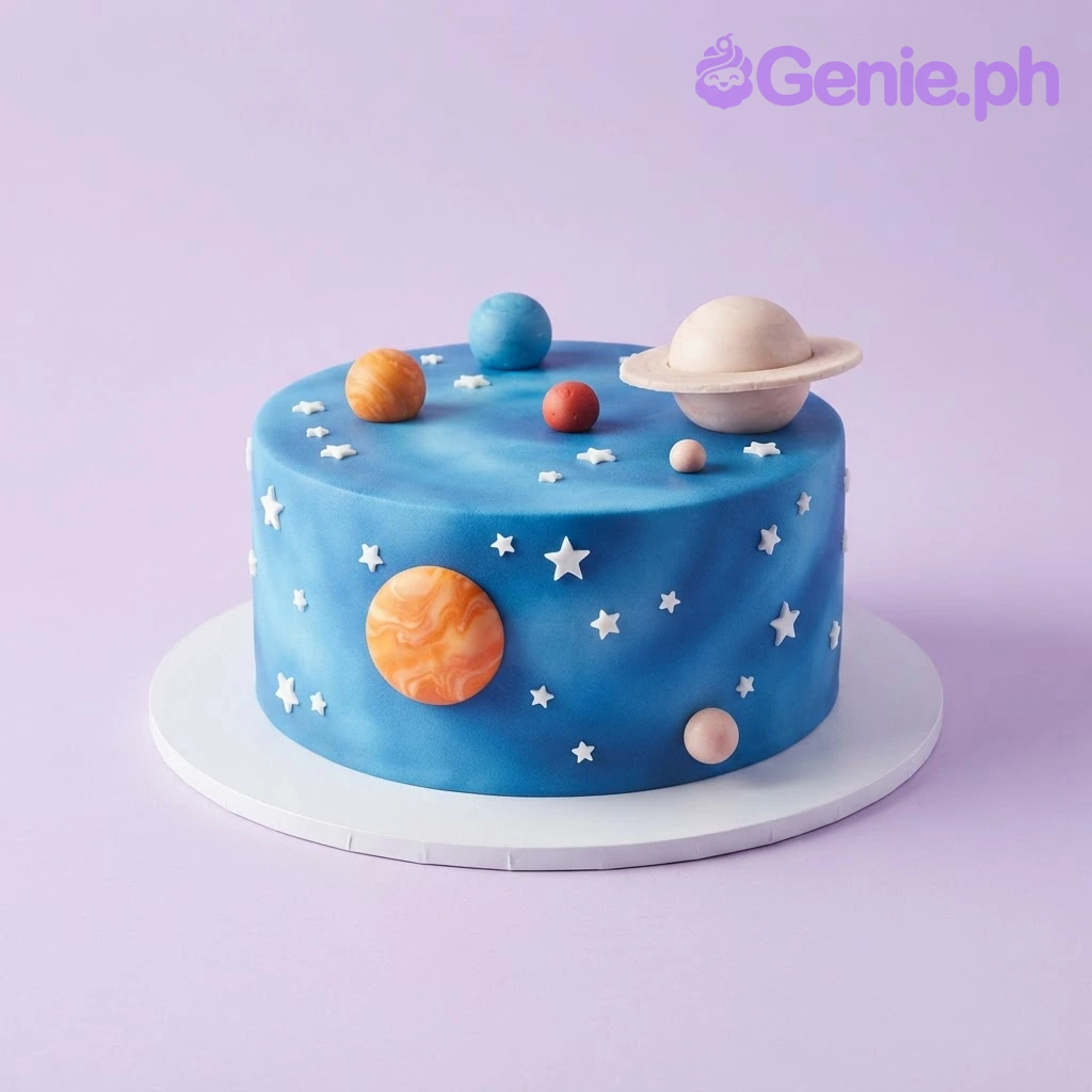 Space Theme Blue Birthday Cake Blue space themed 1 tier cake with soft icing, plastic planet spheres, and white star sprinkles