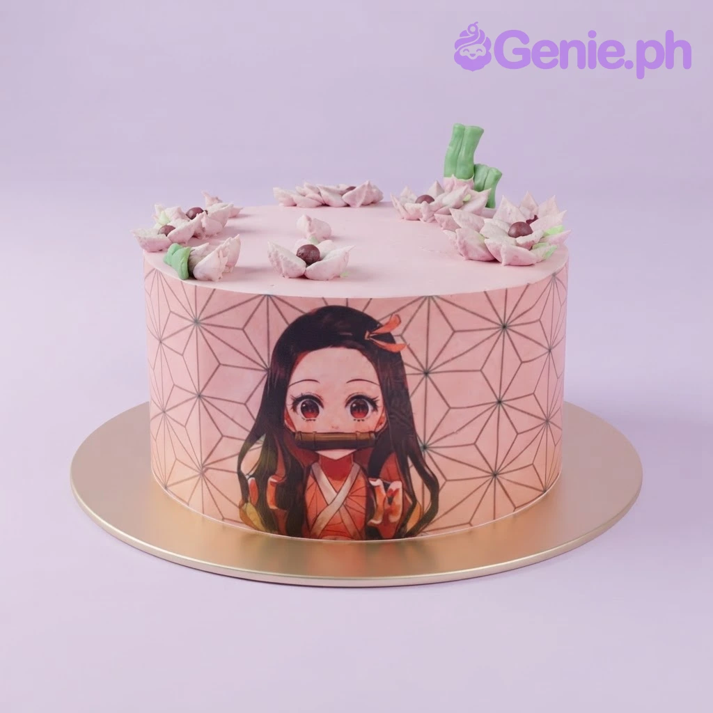 Anime Nezuko Pink Floral Birthday Cake Pink 1-tier soft icing cake with an anime character edible side panel and pink fondant flowers