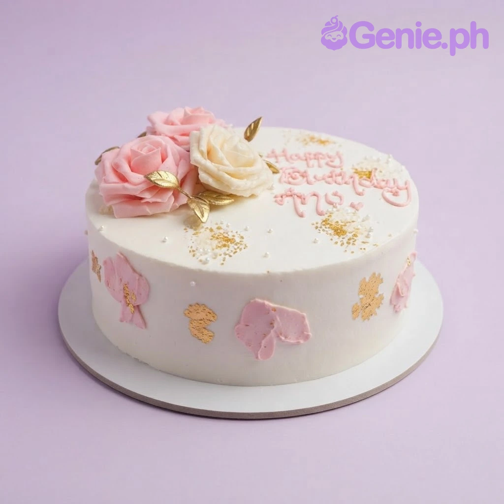 Floral Birthday White Cake White 1-tier cake with soft icing, floral birthday theme, three edible fondant roses, and gold leaf accents