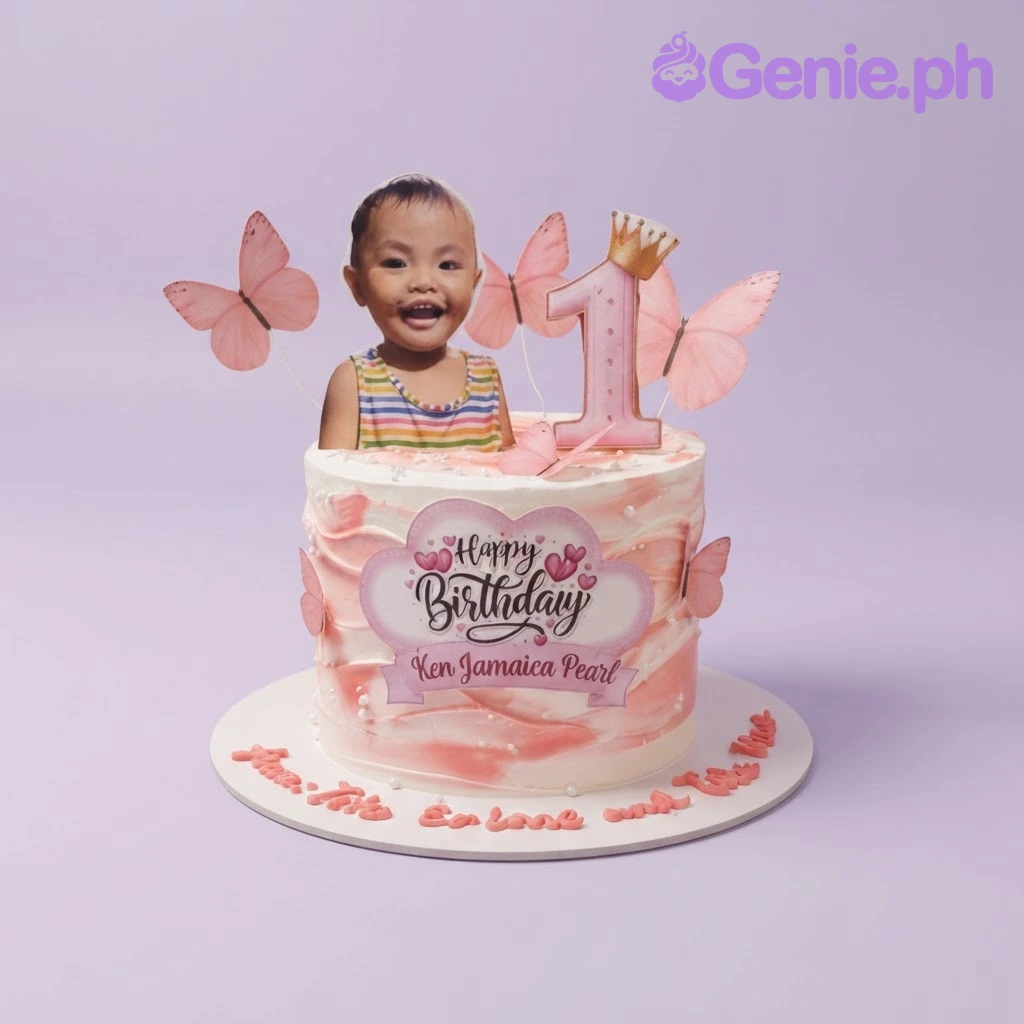 Butterfly Birthday Cake White 1-tier soft icing birthday cake with pink watercolor smudges, a child photo topper, number one topper, and pink butterflies