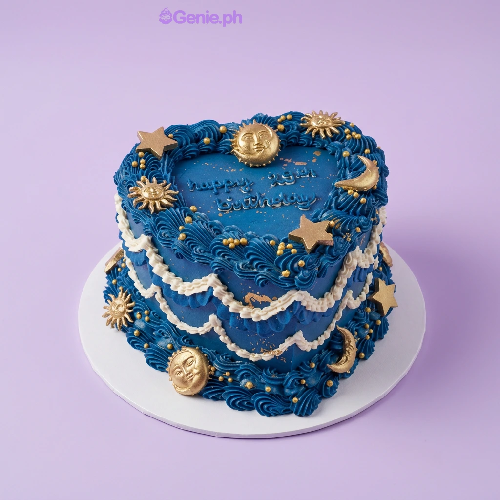 Celestial Heart Navy Birthday Cake Navy blue heart-shaped cake with soft icing, gold celestial sun, moon, and star toppers, and white piped swags