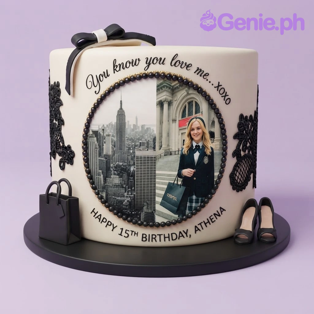 Gossip Girl Ivory Lace Birthday Cake Ivory 1-tier fondant Gossip Girl theme cake with a round photo panel, black lace, and shopping bag toppers