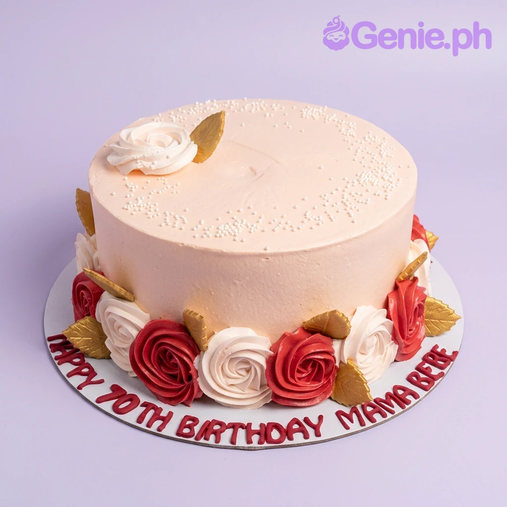 70th Birthday Peach Floral Cake A peach 1 Tier cake for a 70th Birthday, featuring red and white icing roses, gold leaves, and white sprinkles.