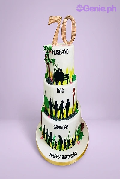 70th Birthday White Glitter 3-Tier Cake 3-tier white fondant birthday cake for a 70th birthday featuring family silhouettes and a large gold 70 topper.