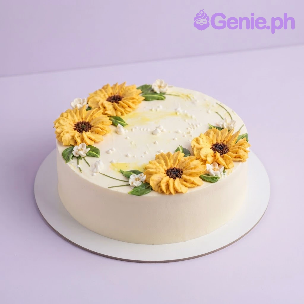 Sunflower Floral Birthday Cake White 1 tier round cake with soft icing finish, yellow sunflower toppers, and green leaf accents
