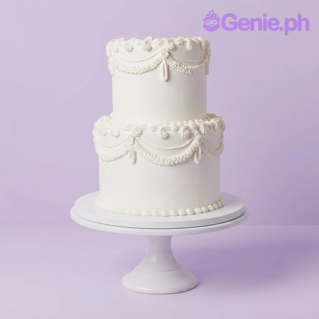 Lambeth White 2-Tier Cake White 2-tier cake with smooth soft icing, Lambeth style piped swags, and delicate border details