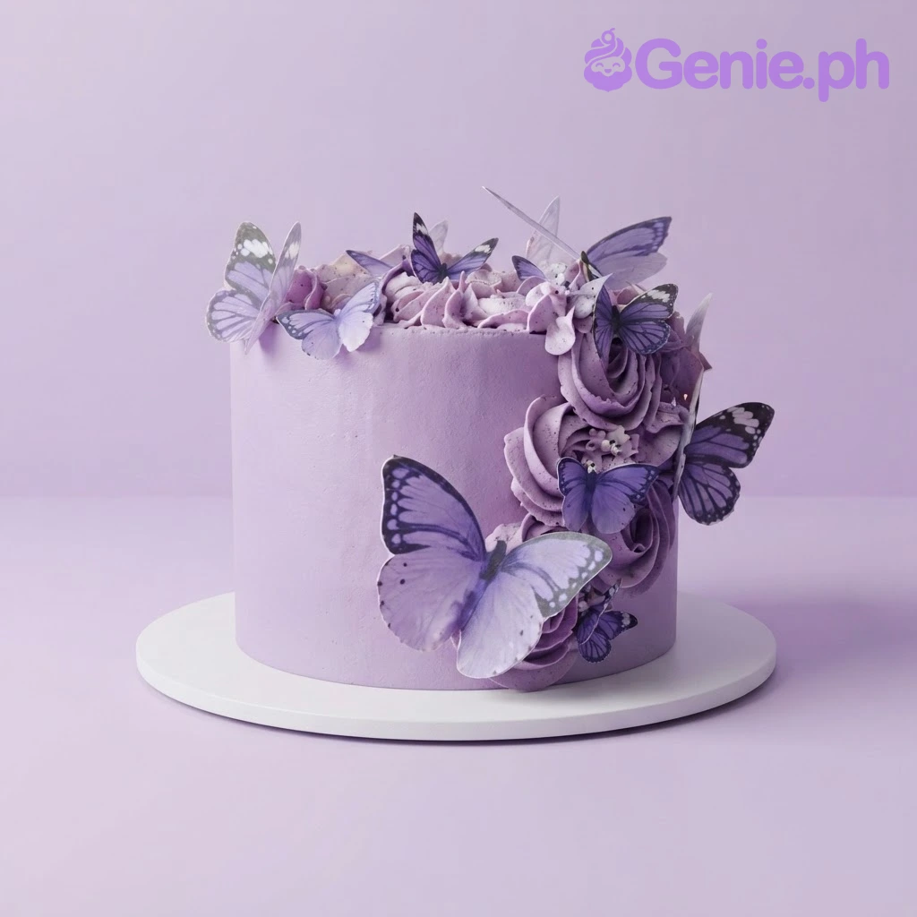 Butterfly Lavender Cake Lavender 1-tier soft icing cake with a large purple butterfly printout and cascading piped rosettes