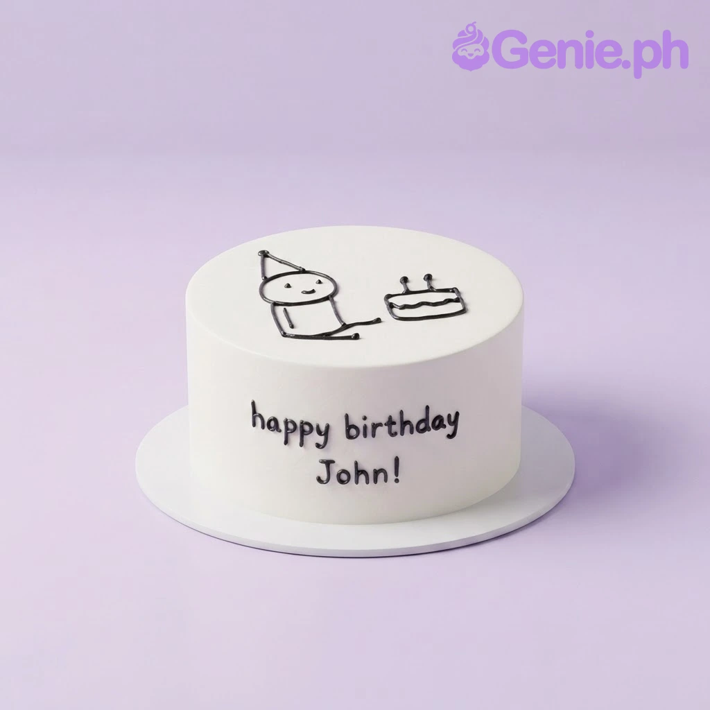 Minimalist Birthday White Bento Cake White bento cake with smooth soft icing, black piped line art doodle, and handwritten icing script