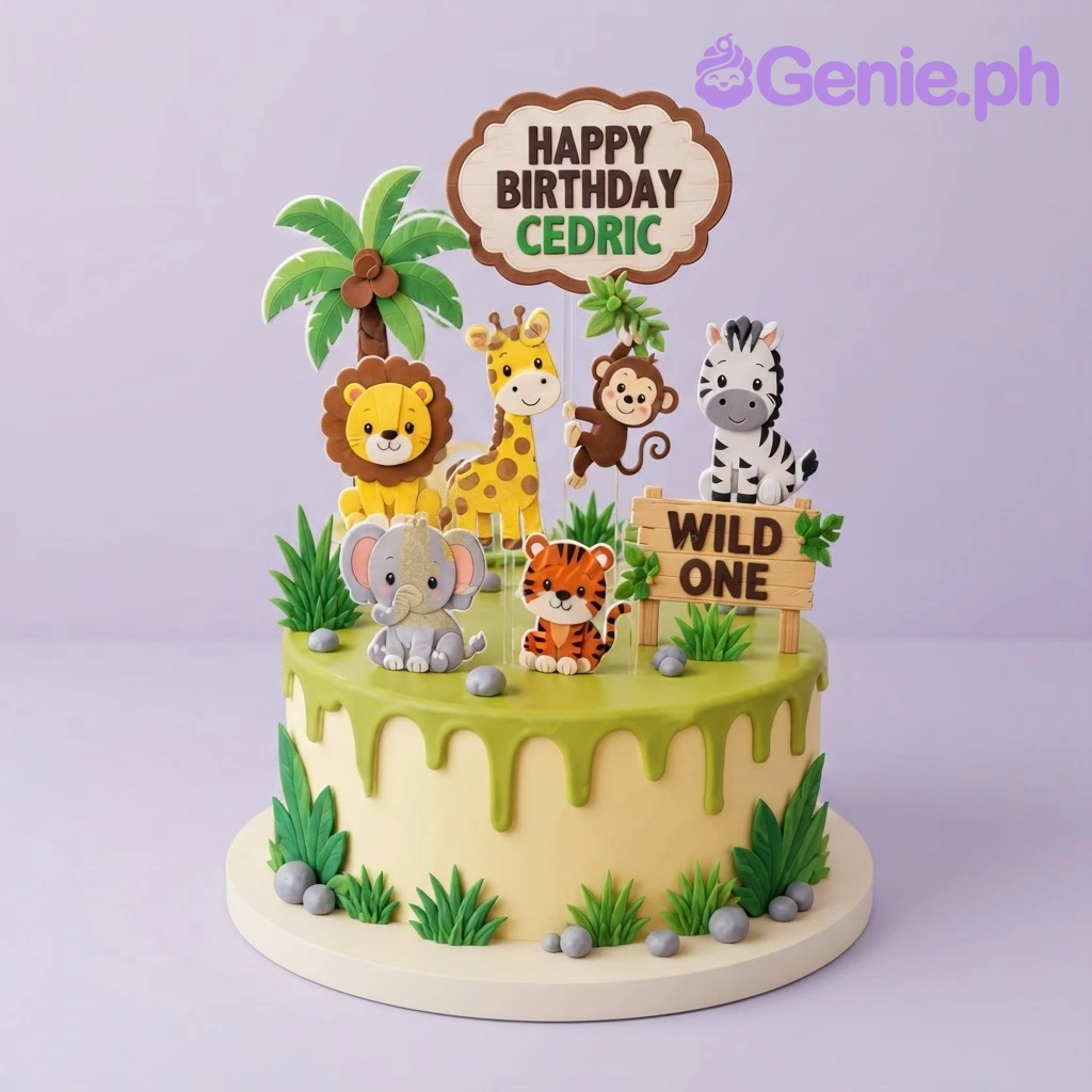 Safari Jungle Mint Drip Birthday Cake Beige and light green 1-tier soft icing cake with green drip, jungle safari animal printouts, and palm trees