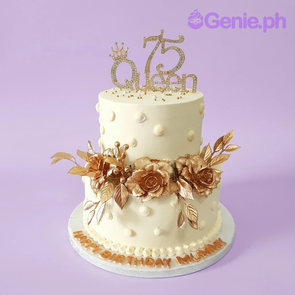 75th Birthday Queen Ivory Floral 2-Tier Cake A ivory and gold 2-Tier cake themed around 75th Birthday Queen, featuring a gold '75 Queen' crown and gold roses.