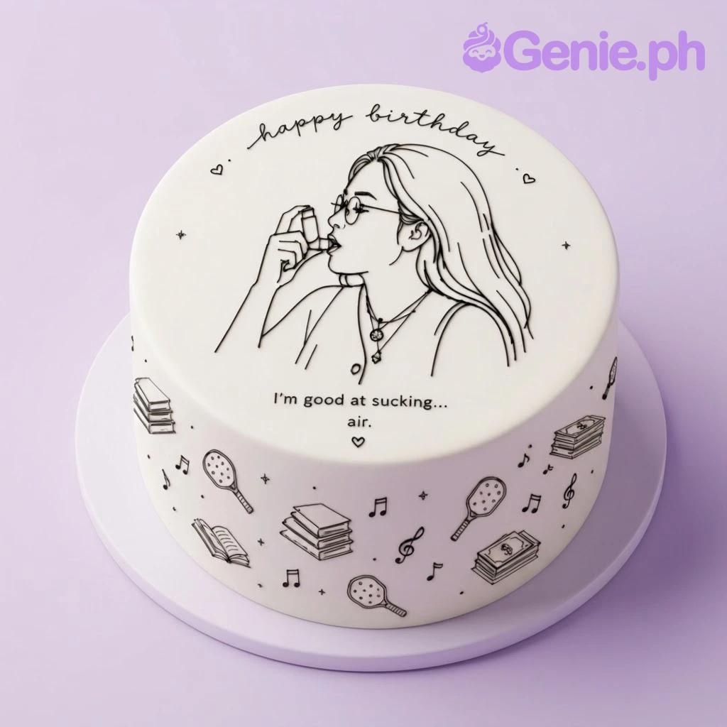 Minimalist Doodle Ivory Birthday Cake Ivory 1-tier cake with smooth soft icing, black line-art doodle of a person using an inhaler, and hobby-themed icons