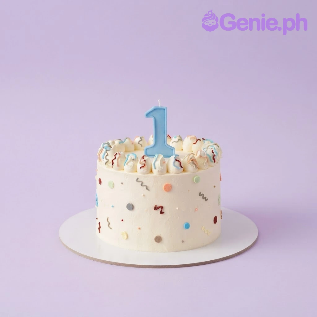 First Birthday Ivory Cake Ivory 1-tier cake with soft icing, a blue number one cardstock topper, and colourful confetti dots