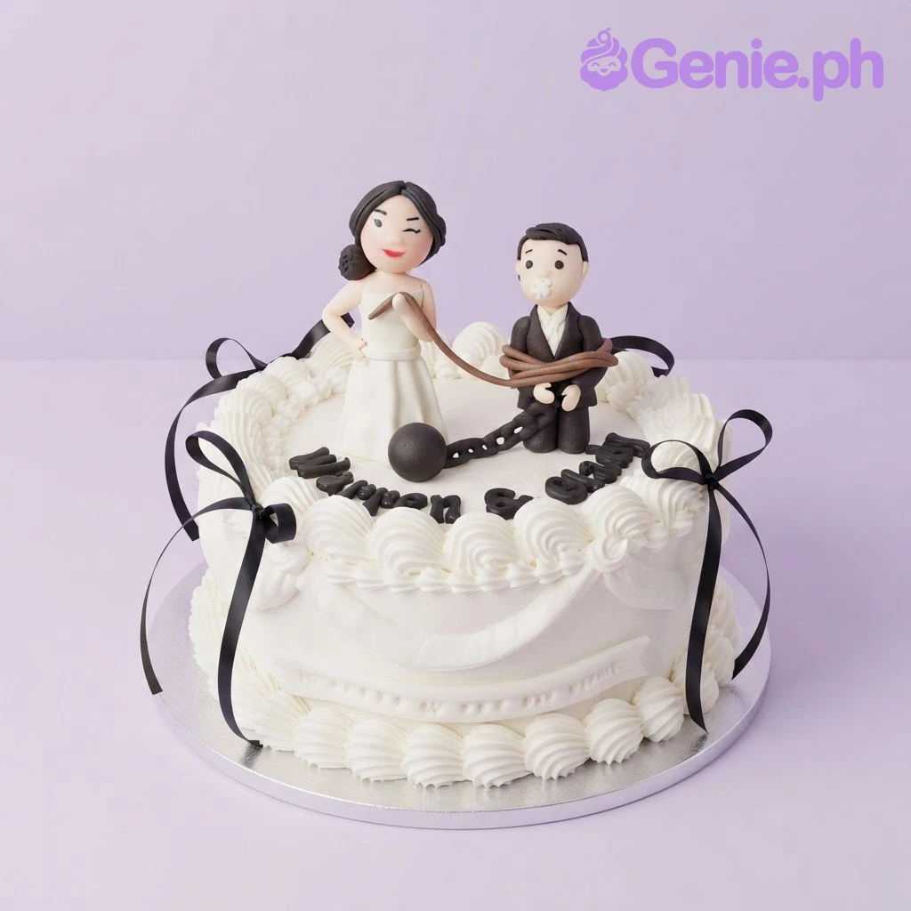 Wedding Humorous White Cake White 1-tier soft icing cake with piped shell borders, black ribbon bows, and custom fondant bride and groom figurines on top