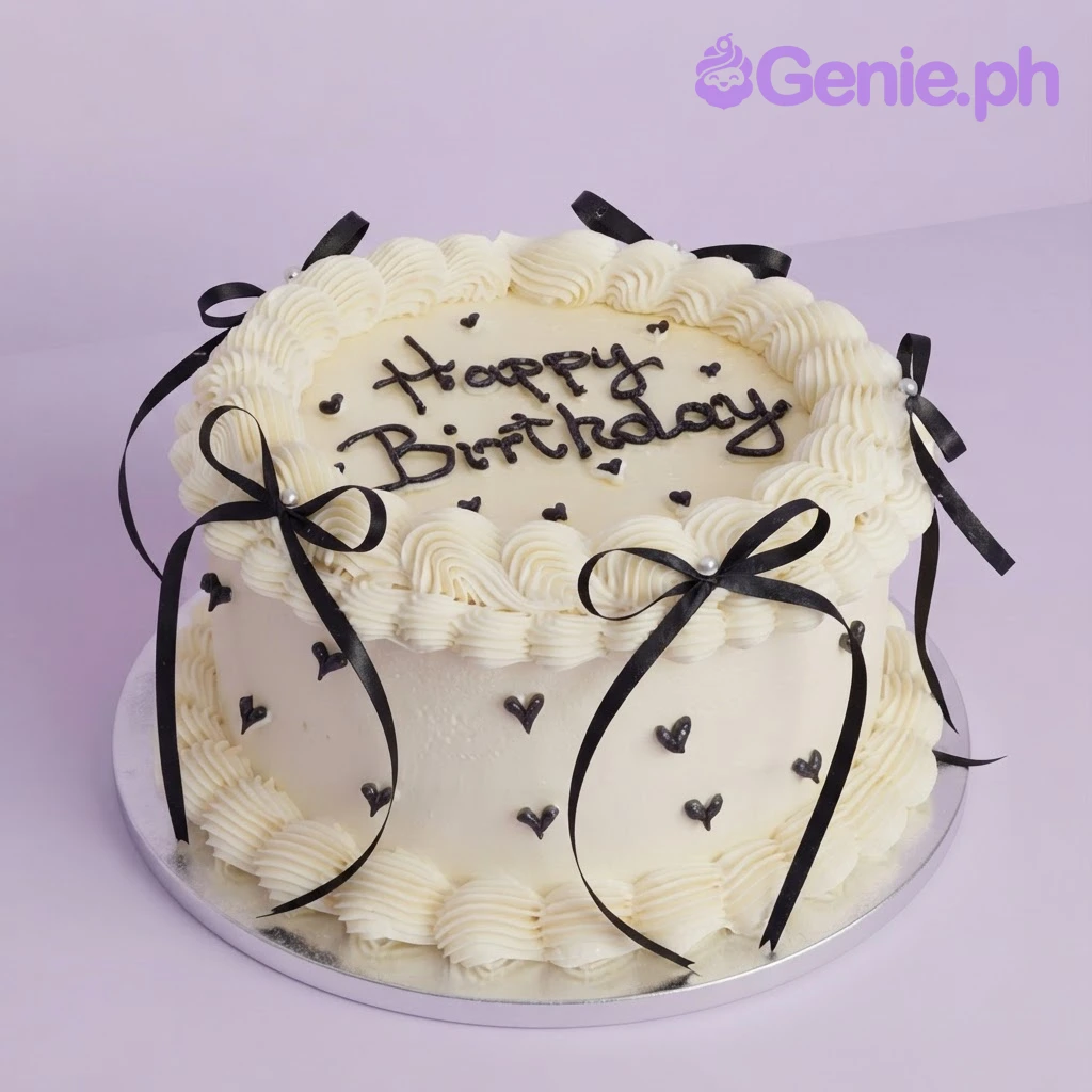Black And White Heart Birthday Cake White 1 tier soft icing cake with black ribbon bows, piped rosettes, and black heart accents