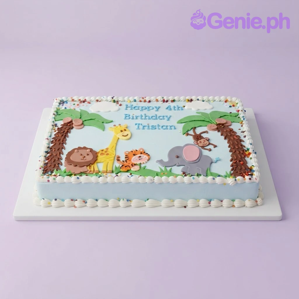 Jungle Safari Sky Blue Rectangle Cake Light blue rectangular sheet cake with fondant jungle animals, palm trees, and piped blue borders