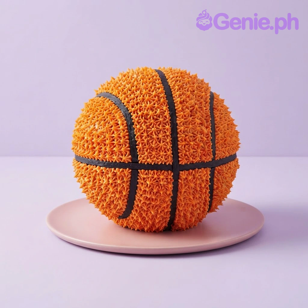 Basketball Orange Cake Vivid orange 1 tier sphere cake with piped star-tip icing finish, basketball theme, and textured icing