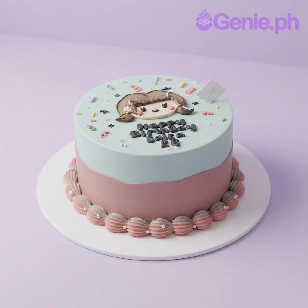 Minimalist Anime White Birthday Cake White and pastel gradient 1-tier birthday cake with an anime girl face plaque, sprinkles, and piped borders