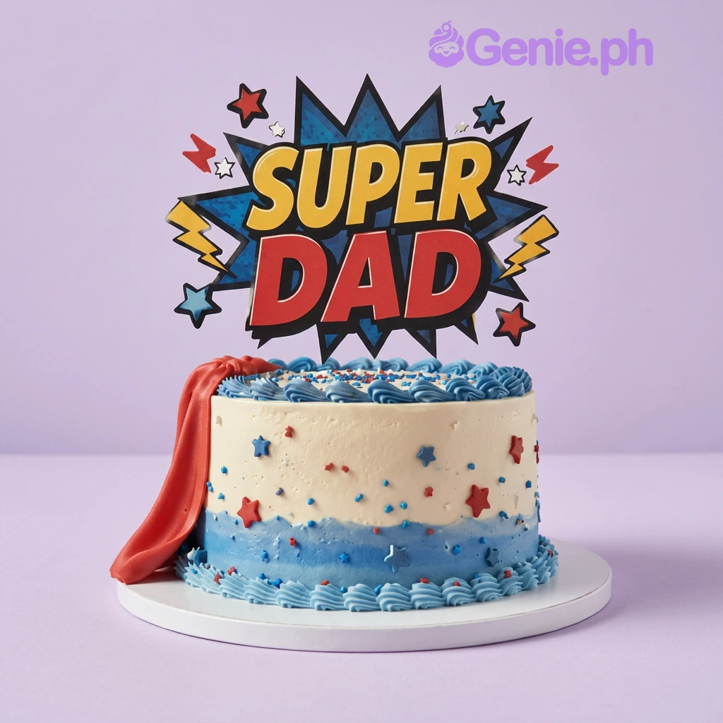 Super Dad White Birthday Cake White and blue gradient 1-tier cake with a Super Dad printout topper, a red fondant cape, and scattered red and blue star decorations