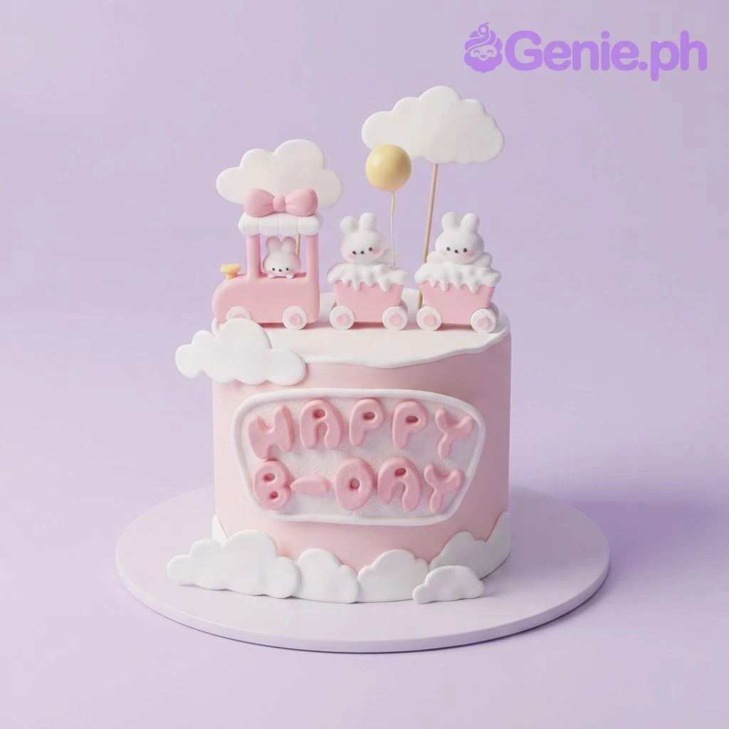 Bunny Train White Birthday Cake Light pink 1-tier fondant birthday cake with a bunny train topper, white sugar clouds, and pink letter message plaque