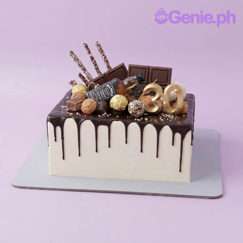 Whiskey Birthday White Drip Cake White square birthday cake with chocolate drip and gold 30 candles