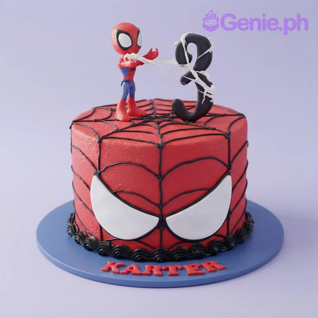 Spiderman-Inspired Birthday Cake Red 1-tier cake with black piped spider web, a Spiderman figurine, a number three topper, and white spider eyes