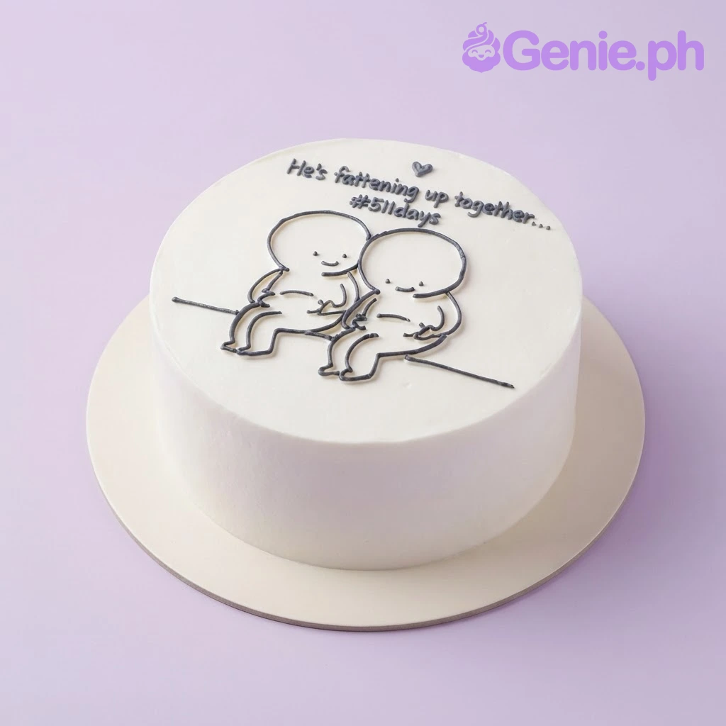 Minimalist Couple White Heart Cake White minimalist cake with a black line-art printout of a couple sitting together and a small red heart on top.