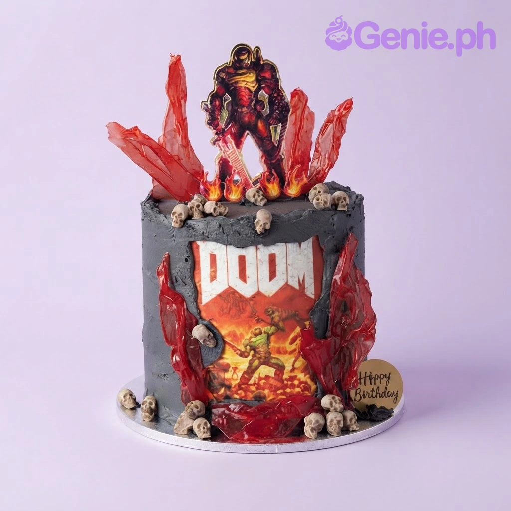 Doom Game Black Birthday Cake Black soft icing 1-tier cake featuring a Doom character printout, red glass sugar shards, and molded skulls