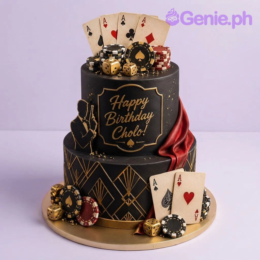 Casino Black Silhouette 2-Tier Cake Black 2-tier fondant casino theme cake with playing cards, poker chips, gold dice, and a red fabric drape