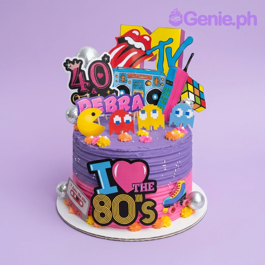 80s Retro Purple Birthday Cake A purple and pink 1-tier 80s Retro cake, featuring MTV, Pac-Man, and Rubik's Cube toppers, with disco balls and rosettes.