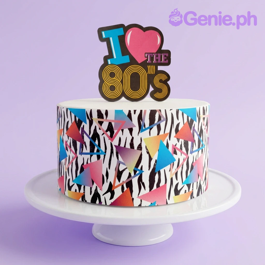 80s Retro White Heart Cake Retro 80s themed cake with zebra print sides, neon geometric triangles, and an I Love the 80s topper.