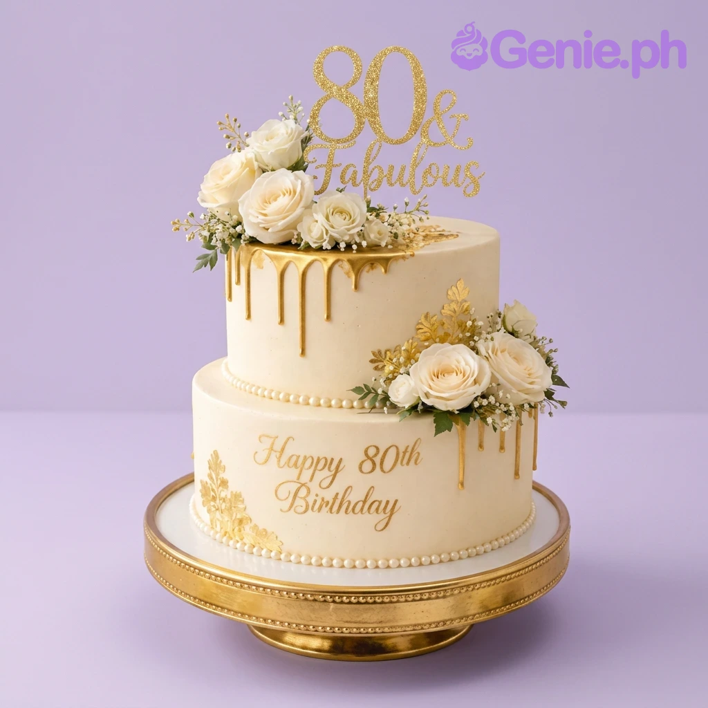 80th Birthday Ivory Drip 2-Tier Cake An ivory 2-tier cake, 80th Birthday themed, with a gold '80 & Fabulous' topper, gold drip, and white roses.