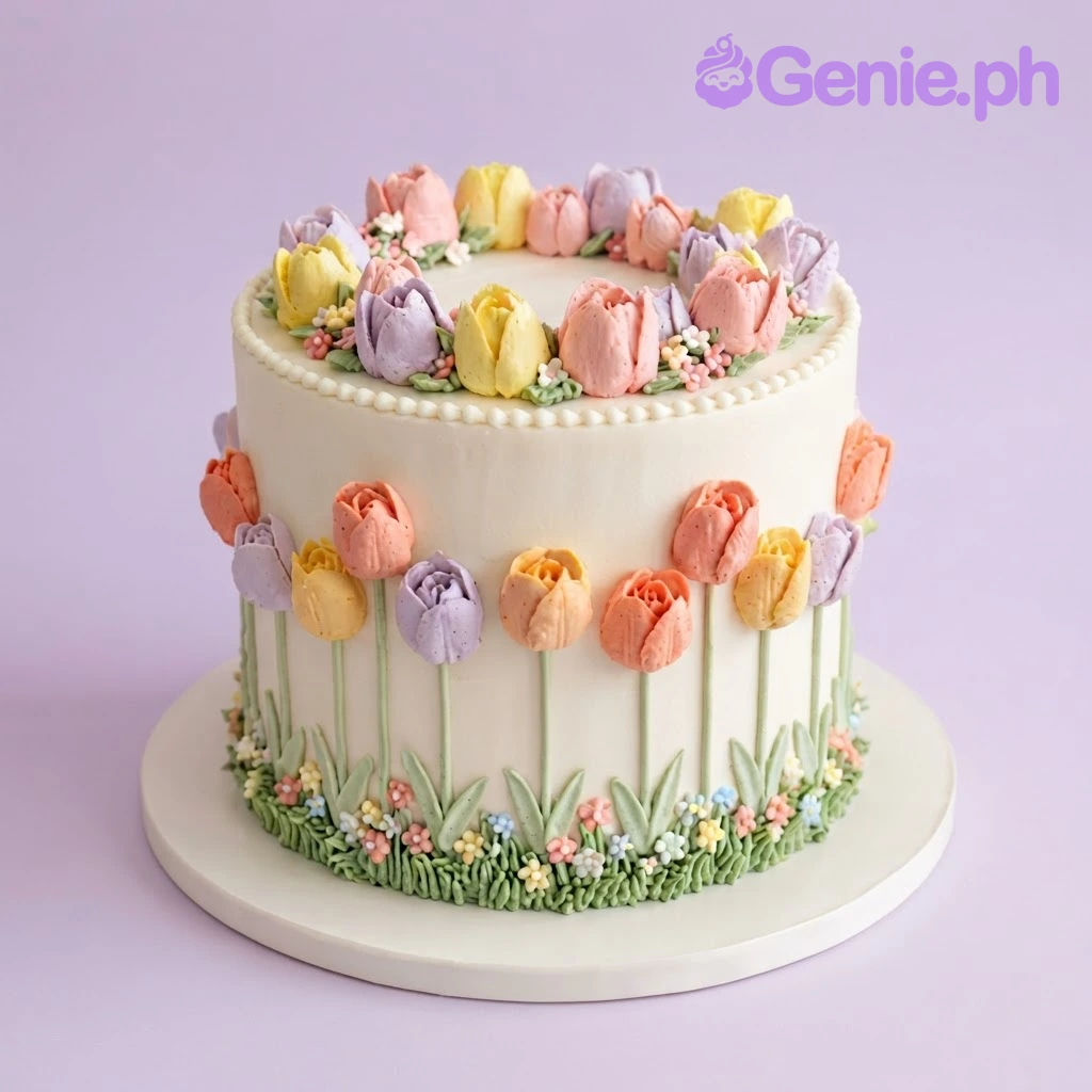 Tulip Garden White Floral Cake White 1-tier soft icing cake with a piped tulip wreath top, colorful side tulips, and tiny filler flowers