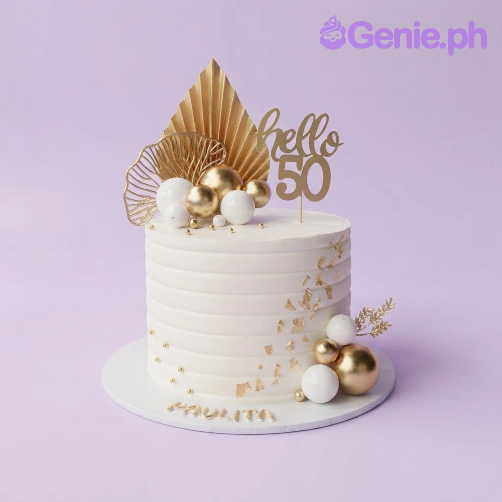 50th Birthday White Cake White 1-tier cake with smooth icing, gold and white sphere toppers, a gold hello 50 cardstock topper, and a dried palm leaf accent
