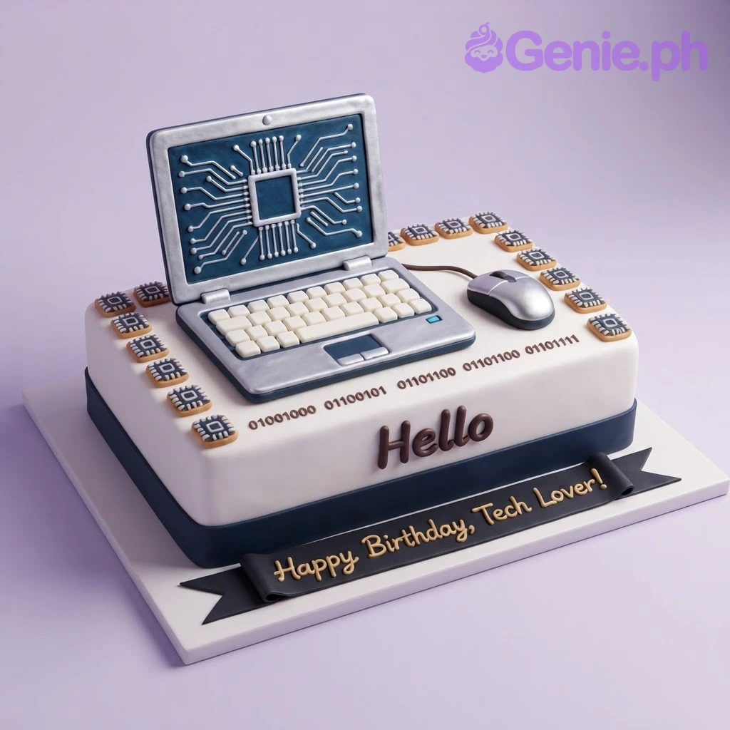Tech Lover Ivory Rectangle Birthday Cake Ivory rectangular fondant cake with a sculpted edible laptop, computer mouse, and microchip decorations