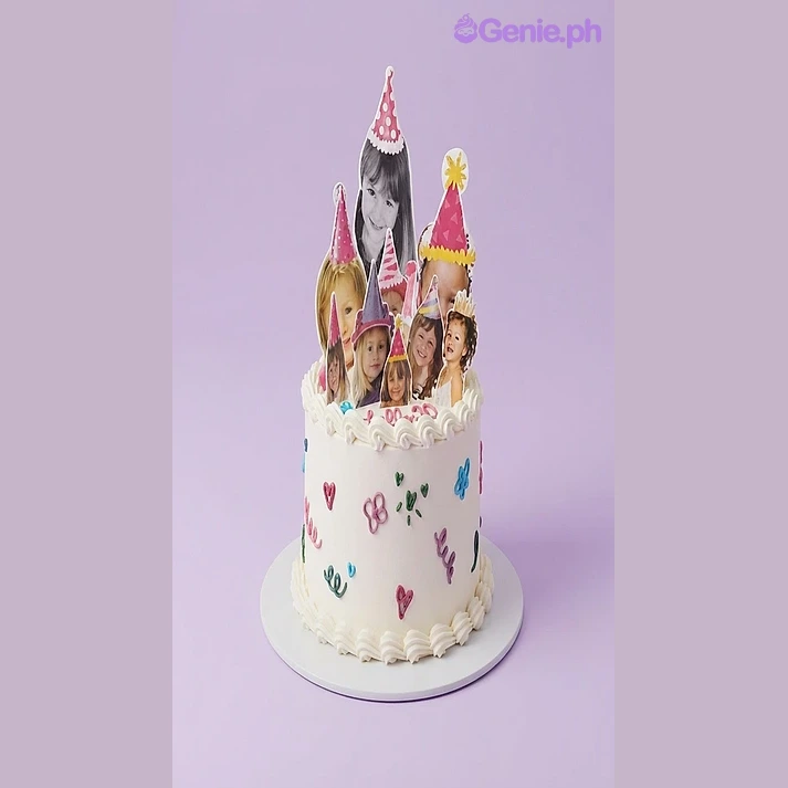Photo Birthday White Cake White 1-tier cake with soft icing, photo cutouts of children in party hats, and colorful hand-drawn icing doodles