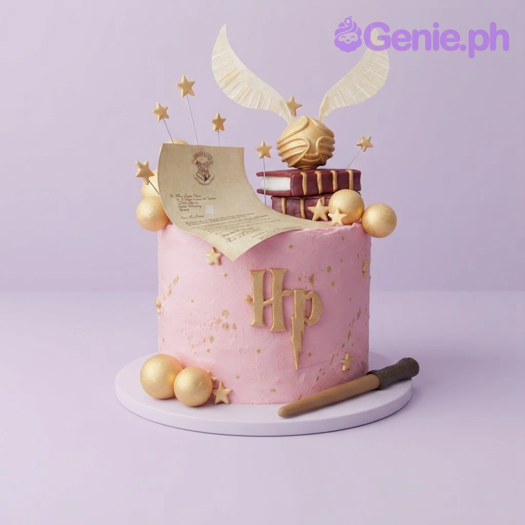 Harry Potter Pink Birthday Cake Pink 1-tier cake with Harry Potter theme, featuring a golden snitch, acceptance letter, and wand toppers