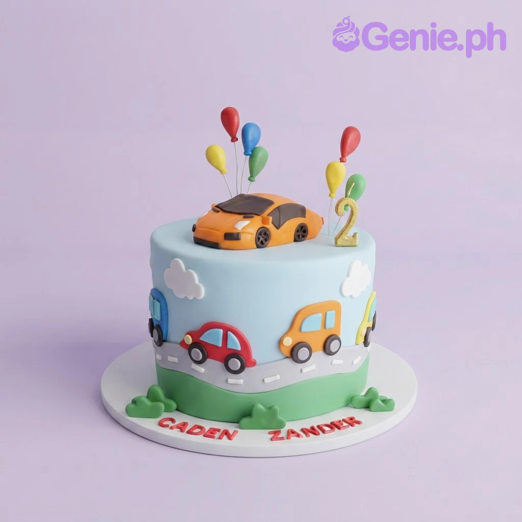 Light blue fondant cake with a road, colorful car cutouts, an orange sports car topper, and balloons Light blue fondant cake with a road, colorful car cutouts, an orange sports car topper, and balloons
