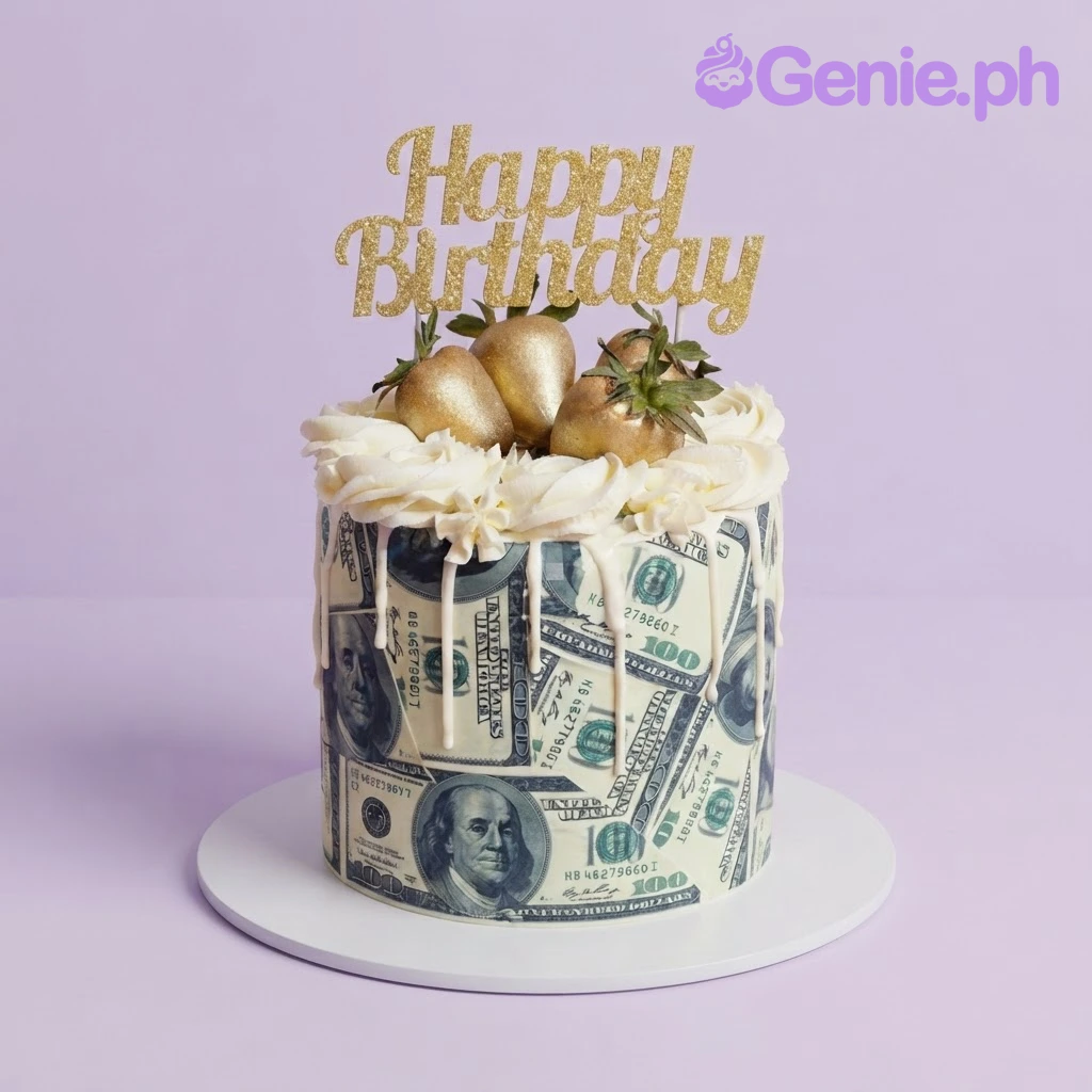 Money White Drip Birthday Cake White 1-tier cake with a money print side wrap, white drip, gold strawberries, and a gold glitter Happy Birthday topper