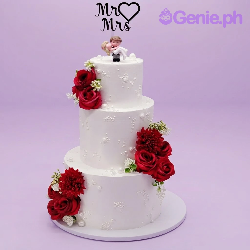 Wedding White Floral 3-Tier Cake White 3-tier wedding cake with smooth soft icing, scattered sugar pearls, red rose clusters, and a Mr and Mrs topper
