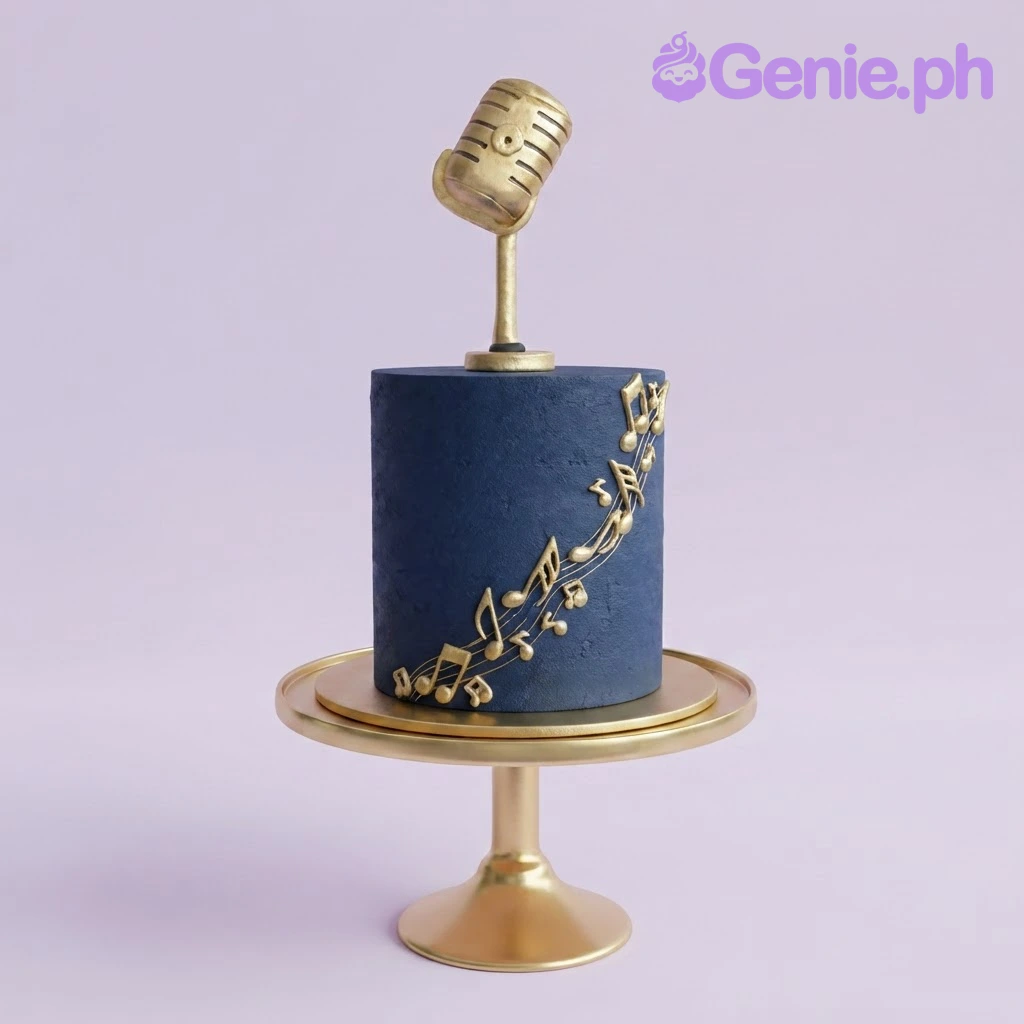 Music Birthday Navy Vintage Cake Navy blue single tier fondant cake with a gold vintage microphone topper and gold musical notes