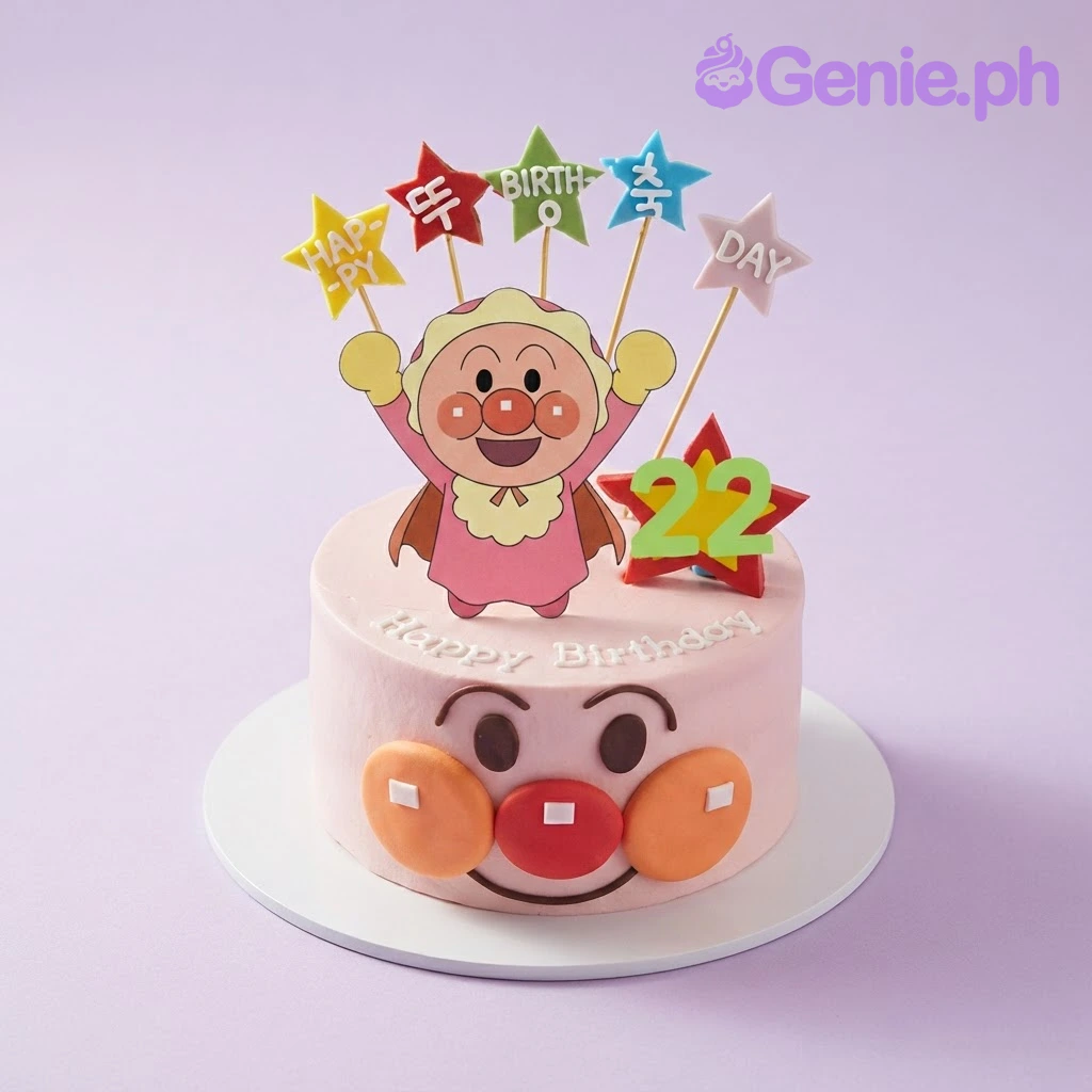 Anpanman Peach Cake Peach 1 tier cake with smooth soft icing, an Anpanman character topper, and colorful star bunting