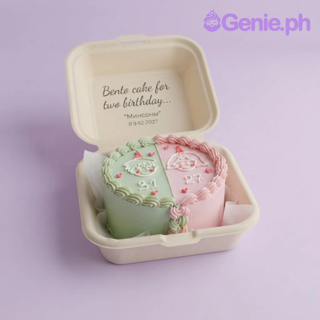 Bento Minimalist Cake Light green bento cake with smooth soft icing, minimalist theme, piped icing border and small hearts