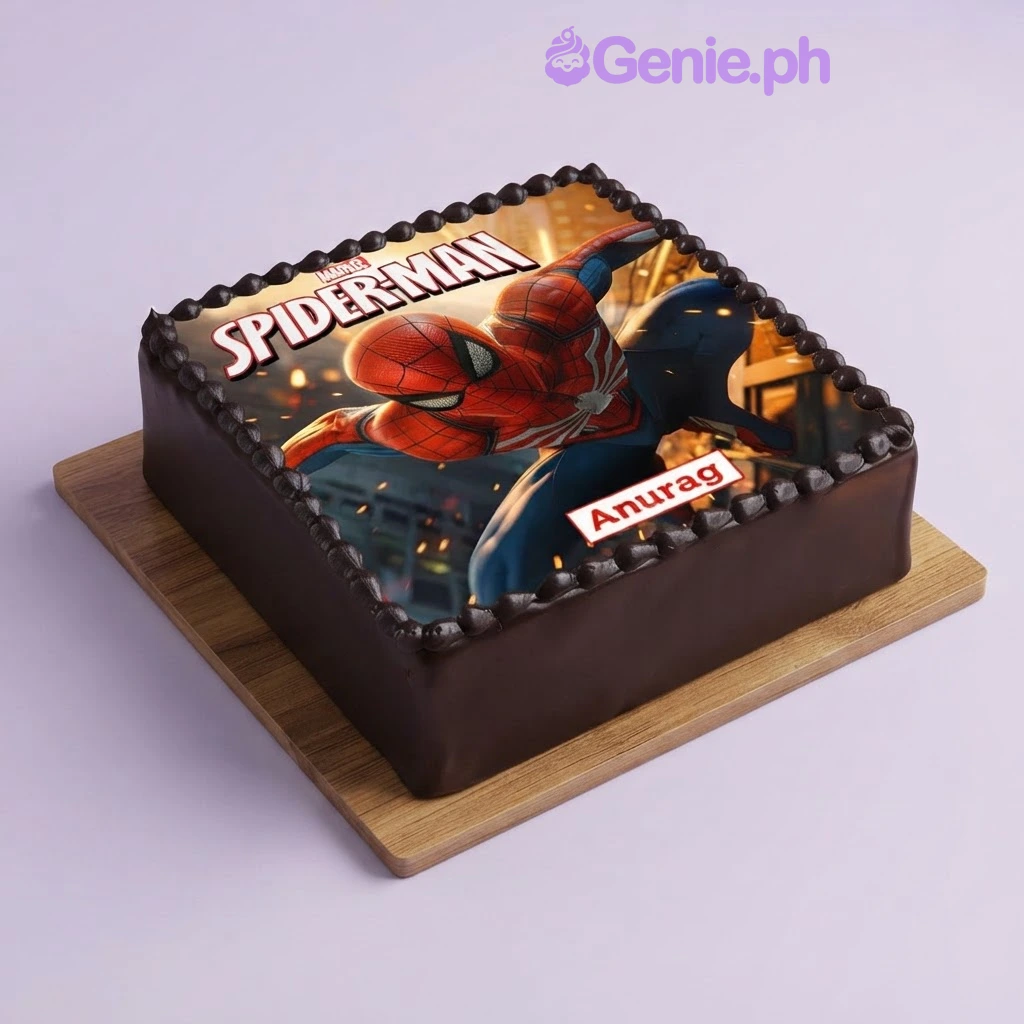 Spiderman-Inspired Brown Birthday Cake Brown square cake with a Spider-Man edible photo print on top and a black piped icing border