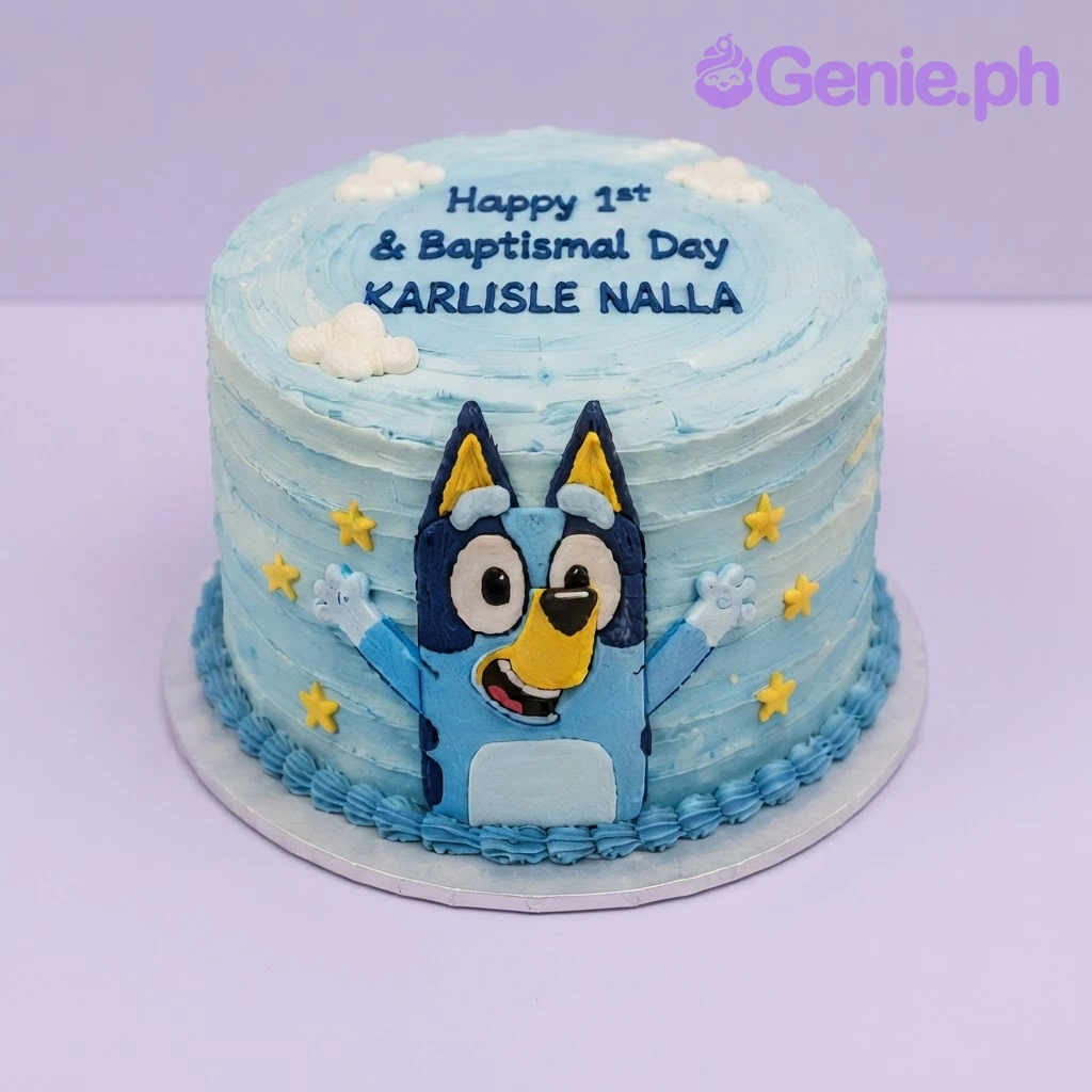 Bluey-Inspired Sky Blue Birthday Cake Light blue 1-tier birthday cake with soft icing, a Bluey character plaque, clouds, and yellow stars