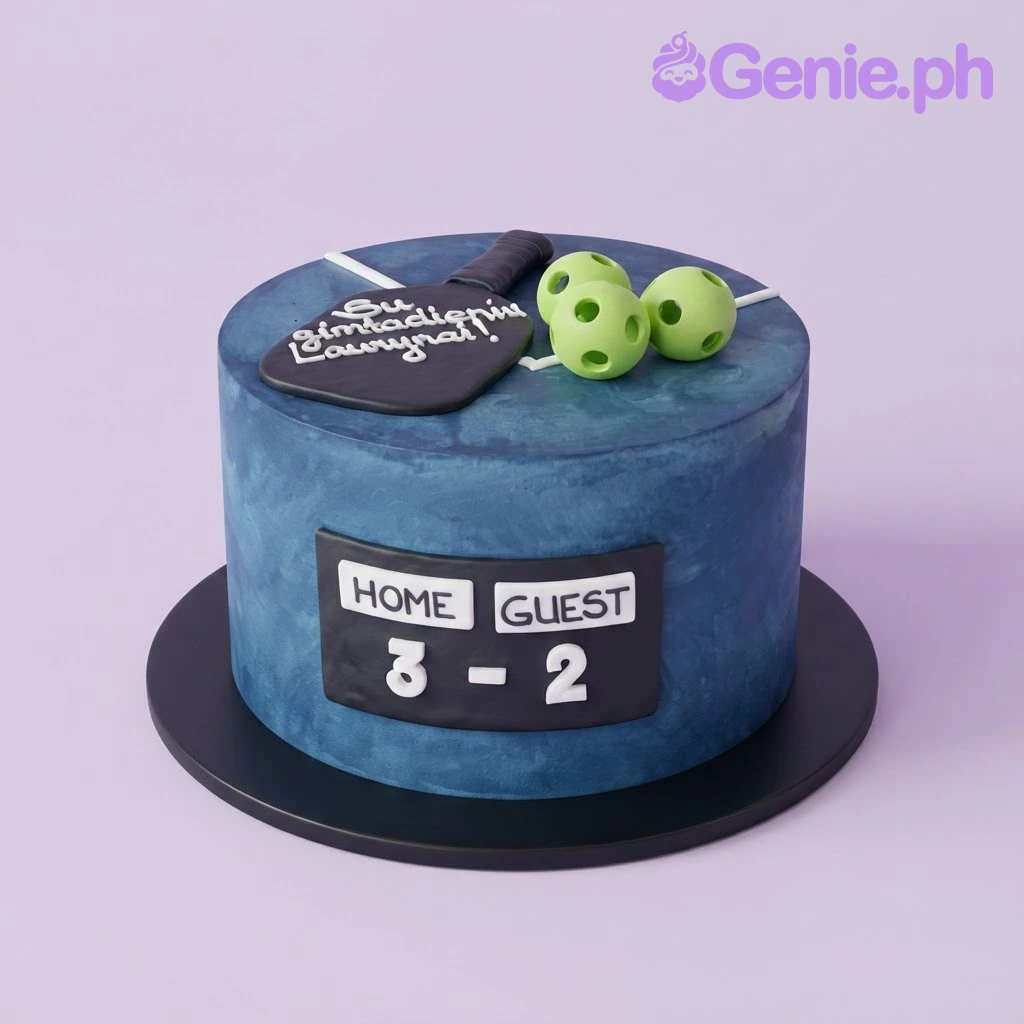 Pickleball Navy Birthday Cake Navy blue fondant cake with a pickleball paddle topper, three lime green pickleball balls, and a scoreboard panel on the side